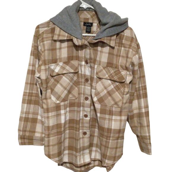 Justify Women's Plaid Beige Flannel Shirt with Gray Hood Hoodie Size Small - Picture 1 of 4